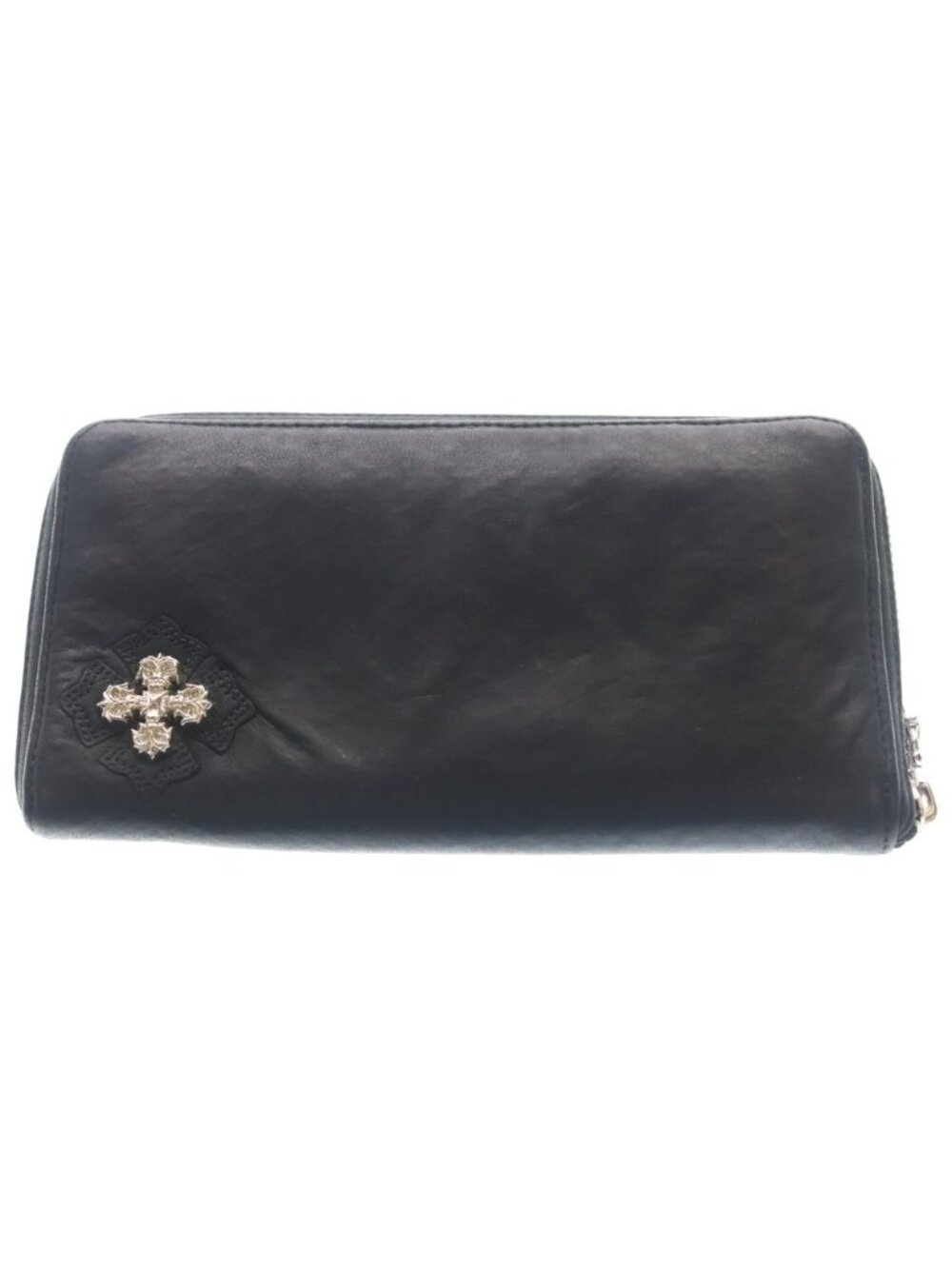 Chrome Hearts Rec Zip White Rhodium Filigree Plus Round Zip Leather Wallet Black
